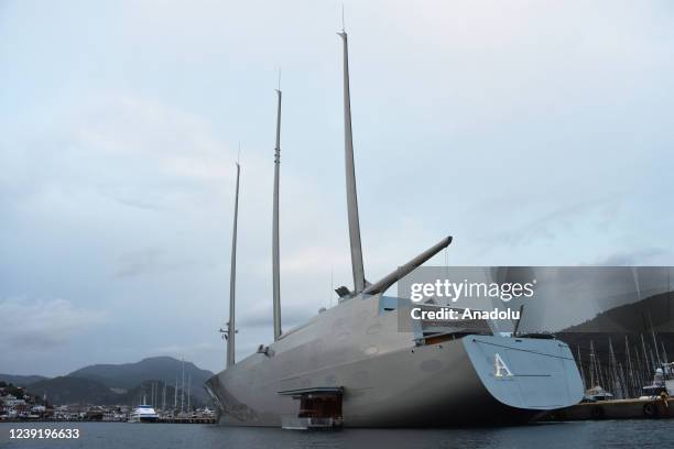 File photo dated November 18 shows the "SY A" yacht, owned by Russian billionaire Andrey Melnichenko as it refuels by a tanker in Mugla, Turkiye. The...