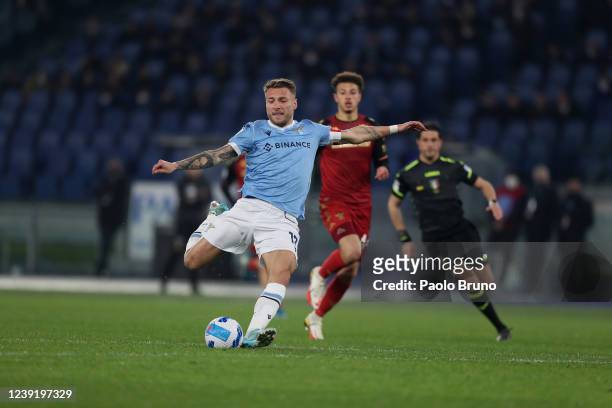 Ciro Immobile of SS Lazio kicks the ball during the Serie A match between SS Lazio and Venezia FC at Stadio Olimpico on March 14, 2022 in Rome, Italy.