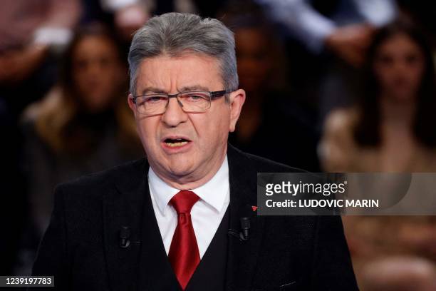 French leftist La France Insoumise party Member of Parliament and presidential candidate Jean-Luc Melenchon talks during the show "La France face a...