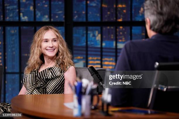 Episode 1266 -- Pictured: Actress Holly Hunter during an interview with host Seth Meyers on March 14, 2022 --