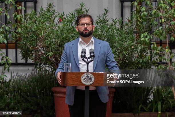 Chilean President Gabriel Boric speaks during a press conference with the International press at La Moneda Presidential Palace in Santiago. The...