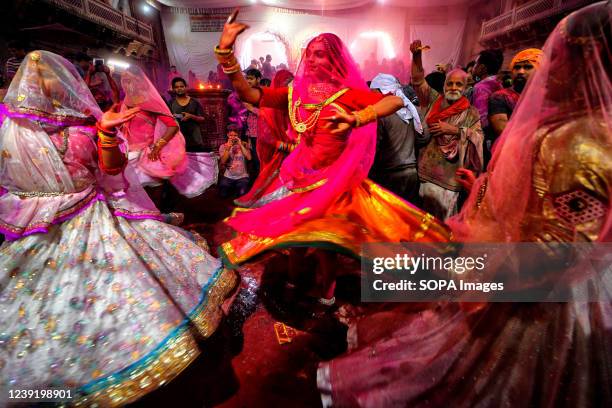 Transgender women dancing at Radha Ballav Temple during the holi festival in Vrindavan, Uttar Pradesh, 14th March 2022. Radha Ballav Temple is one of...