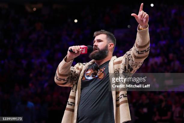 Jason Kelce of the Philadelphia Eagles sings the national anthem prior to the game between the Denver Nuggets and Philadelphia 76ers at the Wells...