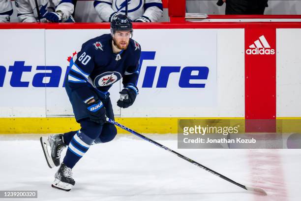 Pierre-Luc Dubois of the Winnipeg Jets follows the play up the ice during third period action against the Tampa Bay Lightning at Canada Life Centre...