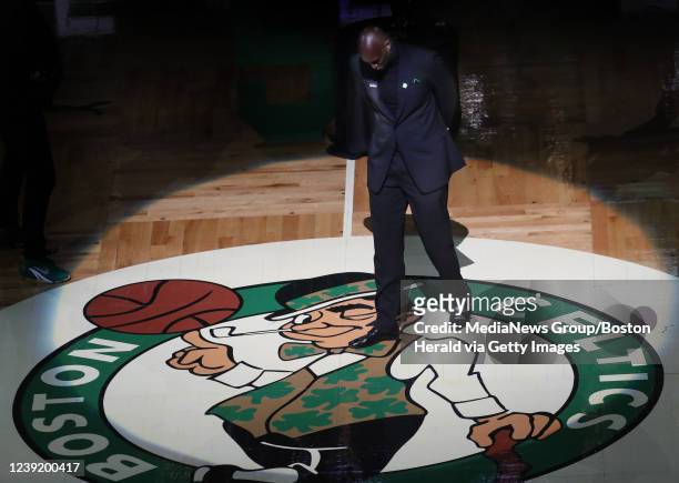 Former Boston Celtics Kevin Garnett reacts during his number retirement ceremony at the TD Garden on March 13, 2022 in Boston, MA.