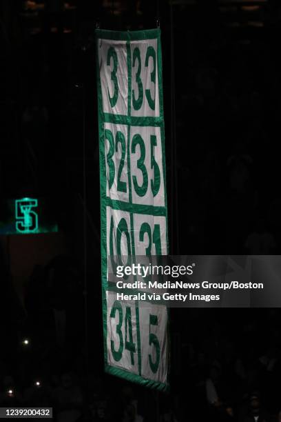 The banner with former Boston Celtics Kevin Garnett's number is raise to the rafter during his number retirement ceremony at the TD Garden on March...