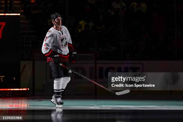 Ottawa Senators forward Brady Tkachuk is introduced during the Honda NHL All-Star game on February 5, 2022 at T-Mobile Arena in Las Vegas, Nevada.