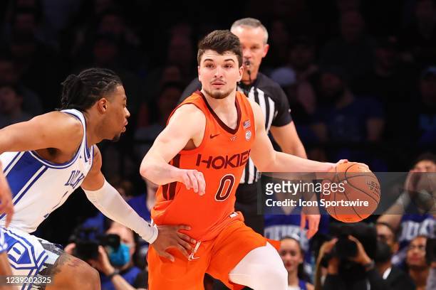 Virginia Tech Hokies guard Hunter Cattoor drives during the second half of the ACC Tournament final college basketball game between the Duke Blue...