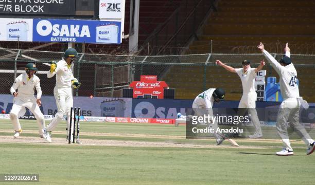 MArch 14:Pakistan's Abdullah Shafique bowled out during the third day of the second test match between Pakistan and Australia at the National Stadium...