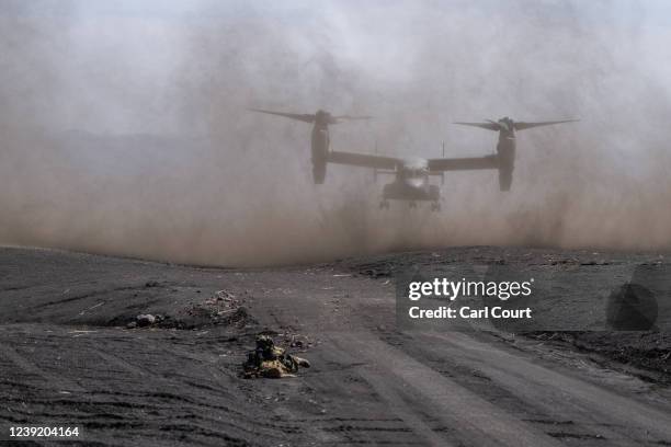 United States Marine Corp Osprey lands next to a prone soldier from Japans 1st Amphibious Rapid Deployment Brigade during an exercise with the United...