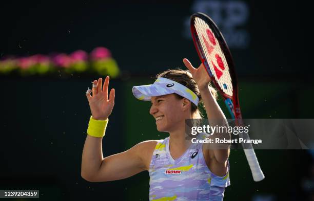 Viktorija Golubic of Switzerland reacts to beating Jasmine Paolini of Italy in her third-round match at the 2022 BNP Paribas Open at the Indian Wells...