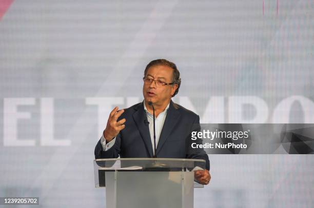 Colombian leftist presidential candidate for Pacto Historico Alliance Gustavo Petro speaks during the first debate after the preliminary elections in...