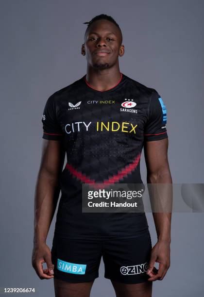 In this handout supplied by Saracens, Maro Itoje of Saracens poses during the media day at the StoneX Stadium on October 7,2021 in London, England.