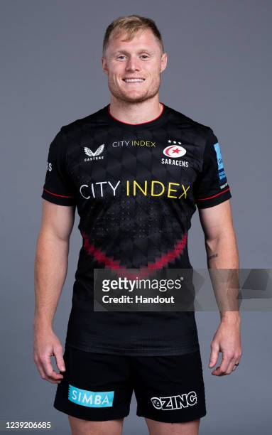 In this handout supplied by Saracens, Aled Davies of Saracens poses during the media day at the StoneX Stadium on March 8,2022 in London, England.