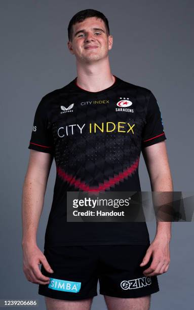 In this handout supplied by Saracens, Callum Boon of Saracens poses during the media day at the StoneX Stadium on March 8,2022 in London, England.