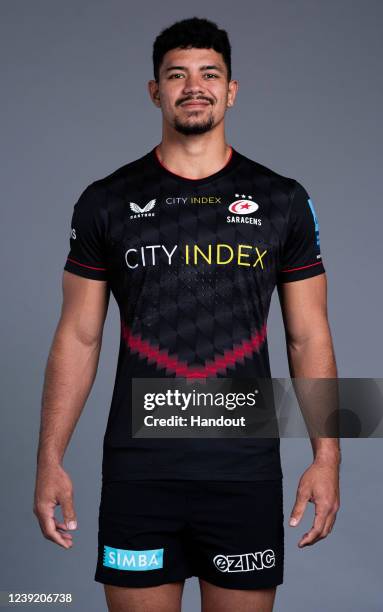 In this handout supplied by Saracens, Theo McFarland of Saracens poses during the media day at the StoneX Stadium on March 8,2022 in London, England.