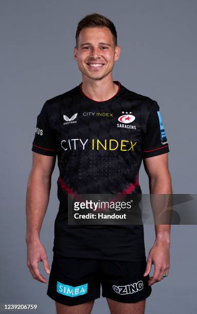 In this handout supplied by Saracens, Ivan Van Zyl of Saracens poses during the media day at the StoneX Stadium on March 8,2022 in London, England.