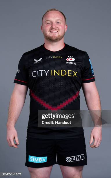 In this handout supplied by Saracens, Ethan Lewis of Saracens poses during the media day at the StoneX Stadium on March 8,2022 in London, England.