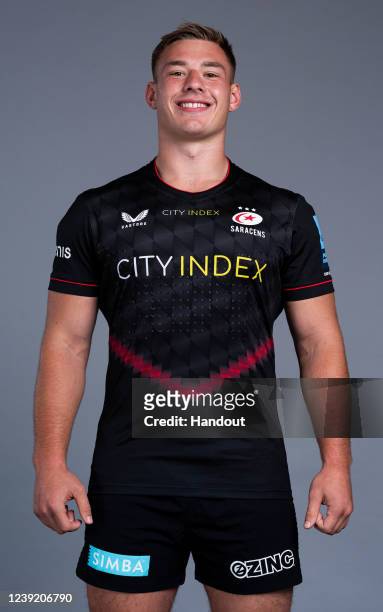 In this handout supplied by Saracens, Harvey Beaton of Saracens poses during the media day at the StoneX Stadium on March 8,2022 in London, England.