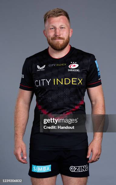 In this handout supplied by Saracens, Jackson Wray of Saracens poses during the media day at the StoneX Stadium on March 8,2022 in London, England.