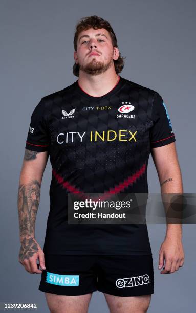 In this handout supplied by Saracens, Sam Wainwright of Saracens poses during the media day at the StoneX Stadium on March 8,2022 in London, England.