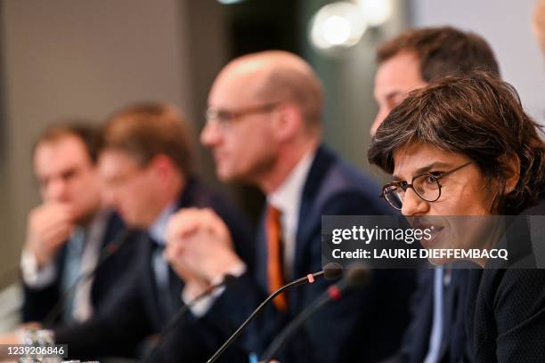 Vice-prime minister and Finance Minister Vincent Van Peteghem and Energy minister Tinne Van der Straeten pictured during a press conference of the...