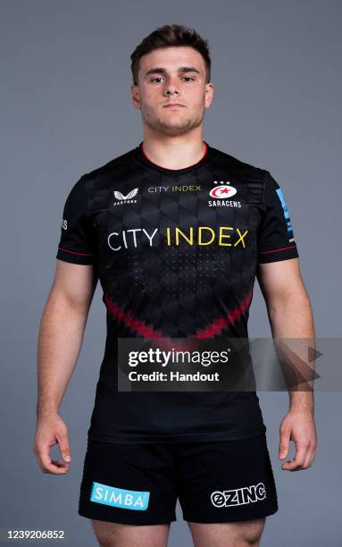 In this handout supplied by Saracens, Theo Dan of Saracens poses during the media day at the StoneX Stadium on March 8,2022 in London, England.