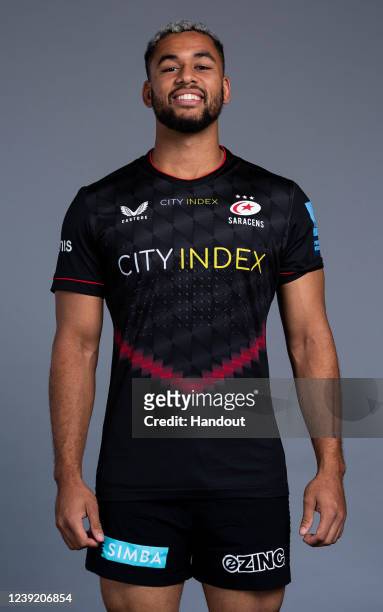In this handout supplied by Saracens, Andy Christie of Saracens poses during the media day at the StoneX Stadium on March 8,2022 in London, England.