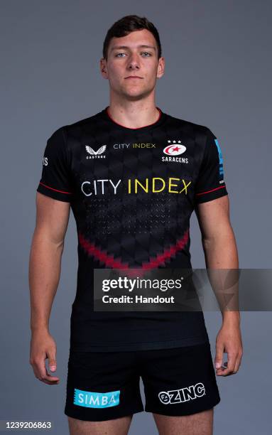 In this handout supplied by Saracens, Tom Mills of Saracens poses during the media day at the StoneX Stadium on March 8,2022 in London, England.