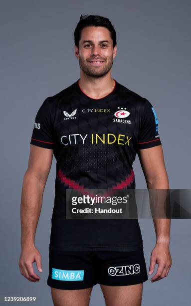 In this handout supplied by Saracens, Sean Maitland of Saracens poses during the media day at the StoneX Stadium on March 8,2022 in London, England.
