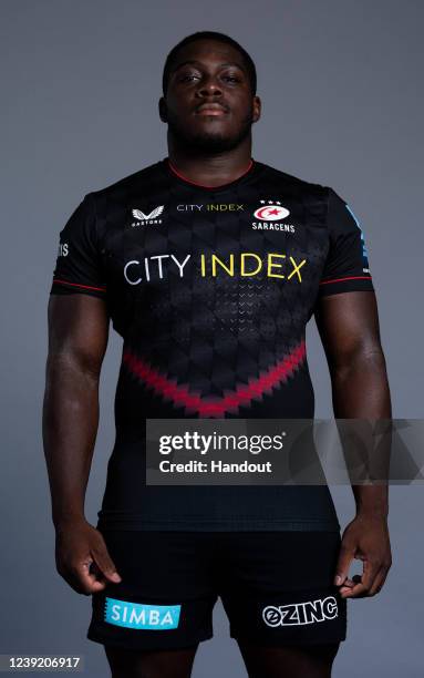 In this handout supplied by Saracens, Jevaughn Warren of Saracens poses during the media day at the StoneX Stadium on March 8,2022 in London, England.