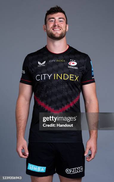 In this handout supplied by Saracens, Callum Hunter-Hill of Saracens poses during the media day at the StoneX Stadium on March 8,2022 in London,...