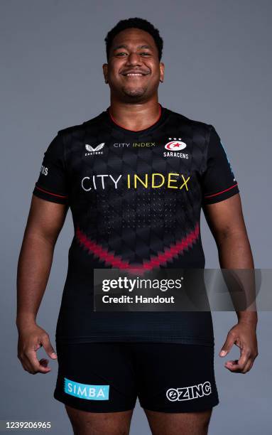 In this handout supplied by Saracens, Eroni Mawi of Saracens poses during the media day at the StoneX Stadium on March 8,2022 in London, England.