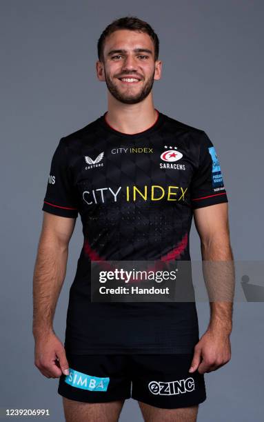 In this handout supplied by Saracens, Charlie Watson of Saracens poses during the media day at the StoneX Stadium on March 8,2022 in London, England.