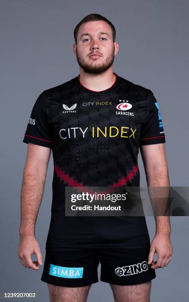 In this handout supplied by Saracens, Sean Reffell of Saracens poses during the media day at the StoneX Stadium on March 8,2022 in London, England.