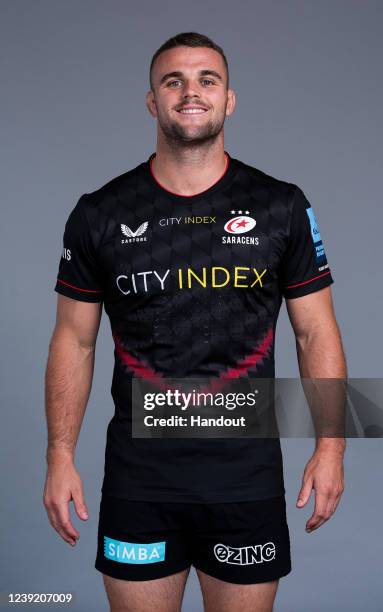 In this handout supplied by Saracens, Ben Earl of Saracens poses during the media day at the StoneX Stadium on March 8,2022 in London, England.