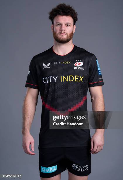 In this handout supplied by Saracens, Duncan Taylor of Saracens poses during the media day at the StoneX Stadium on October 7,2021 in London, England.