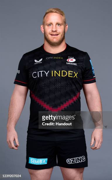 In this handout supplied by Saracens, Vincent Koch of Saracens poses during the media day at the StoneX Stadium on March 8,2022 in London, England.