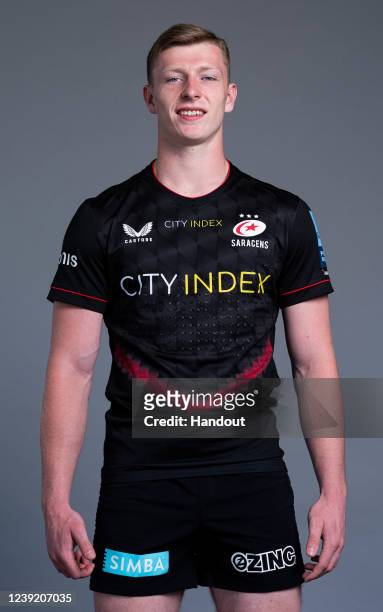 In this handout supplied by Saracens, Francis Moore of Saracens poses during the media day at the StoneX Stadium on March 8,2022 in London, England.