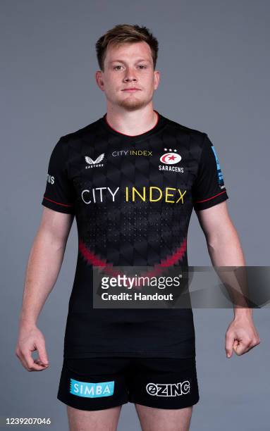 In this handout supplied by Saracens, Nick Tompkins of Saracens poses during the media day at the StoneX Stadium on March 8,2022 in London, England.