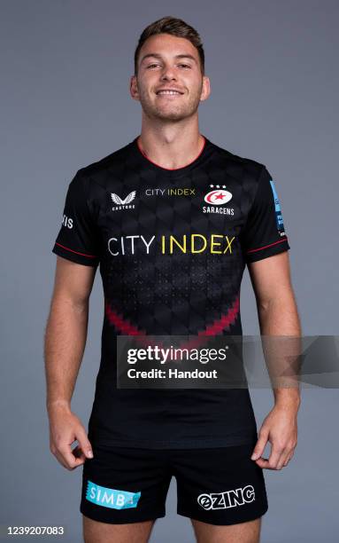 In this handout supplied by Saracens, Alex Lewington of Saracens poses during the media day at the StoneX Stadium on March 8,2022 in London, England.