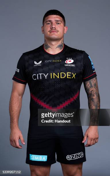 In this handout supplied by Saracens, Marco Riccioni of Saracens poses during the media day at the StoneX Stadium on March 8,2022 in London, England.