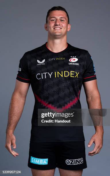 In this handout supplied by Saracens, Josh Hallet of Saracens poses during the media day at the StoneX Stadium on March 8,2022 in London, England.