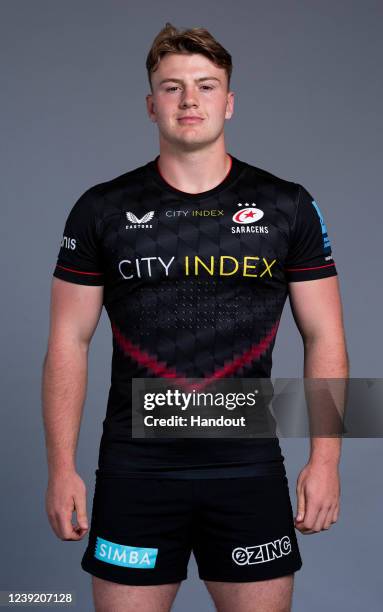 In this handout supplied by Saracens, Toby Knight of Saracens poses during the media day at the StoneX Stadium on March 8,2022 in London, England.