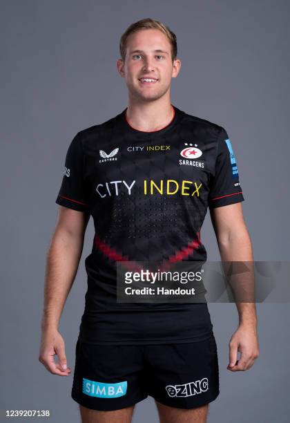 In this handout supplied by Saracens, Max Malins of Saracens poses during the media day at the StoneX Stadium on October 7,2021 in London, England.