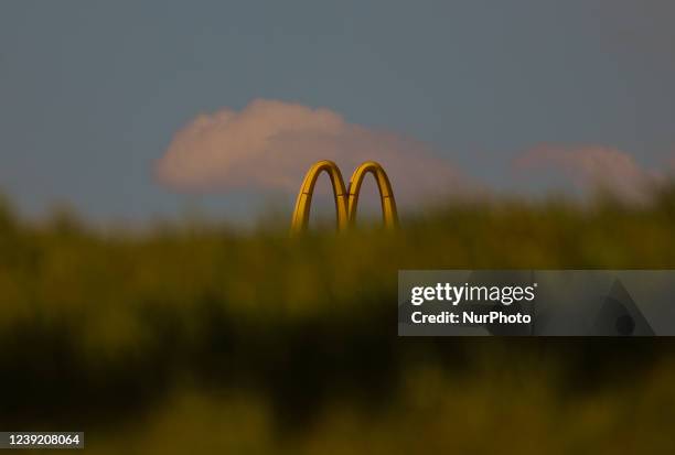 The McDonald's sign is visible from behind a green field in the village of Skarinou. Cyprus, Tuesday, March 15, 2022. Popular fast food company...