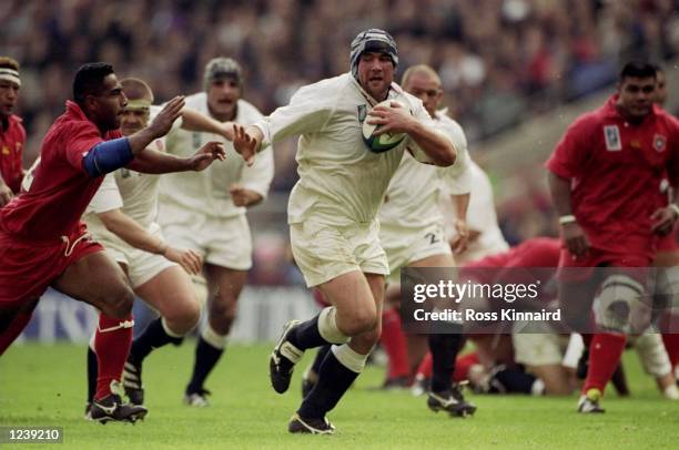 Phil Vickery of England charges forward during the Rugby World Cup Pool B game against Tonga at Twickenham in London. England won 101-10. \ Mandatory...