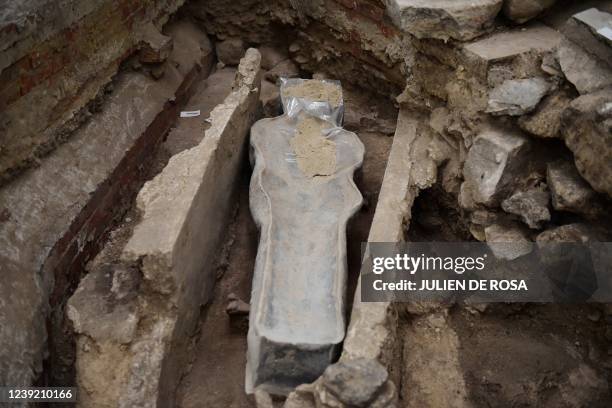 Picture shows a 14th century lead sarcophagus discovered in the floor of Notre Dame Cathedral, in Paris, on March 15, 2022.