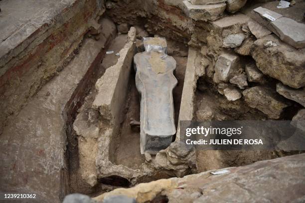 Picture shows a 14th century lead sarcophagus discovered in the floor of Notre Dame Cathedral, in Paris, on March 15, 2022.