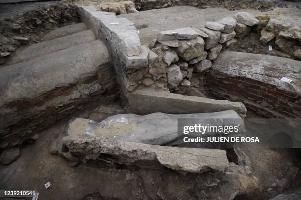 Picture shows a 14th century lead sarcophagus discovered in the floor of Notre Dame Cathedral, in Paris, on March 15, 2022.